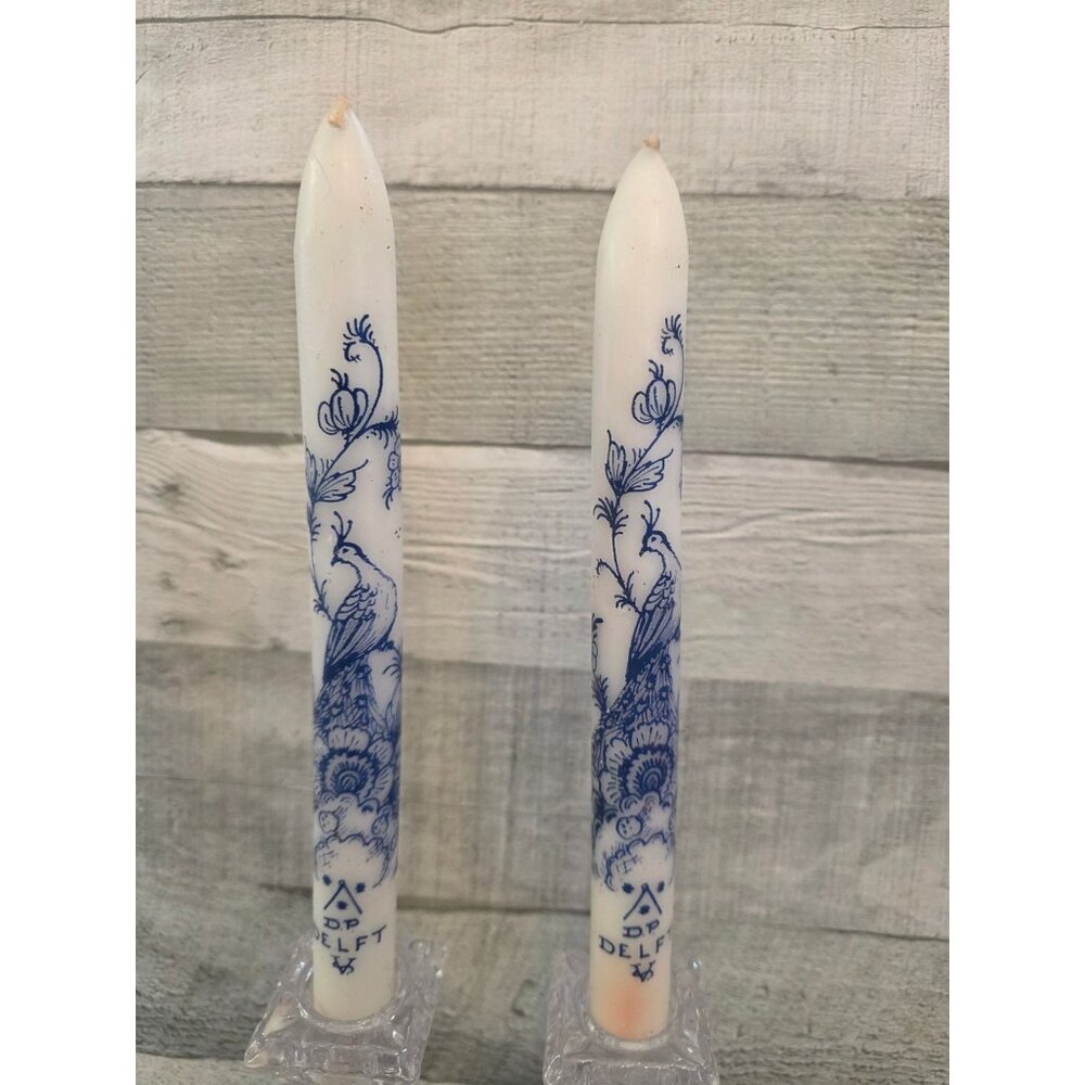 Vintage Delft Hand-Painted Blue & White Candles With Floral & Bird Design Set Of